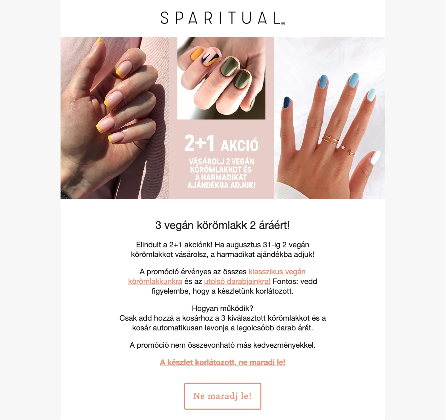 SPARITUAL campaign email for the 2+1 nail polish offer